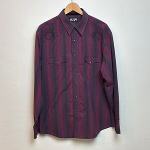 VTG Wrangler Western Men's Long Sleeve Shirt Purple Stripes Pearl Snaps XL